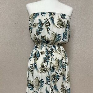 Tropical Strapless Maxi Dress - Off-White with Green Pattern. Size Small.